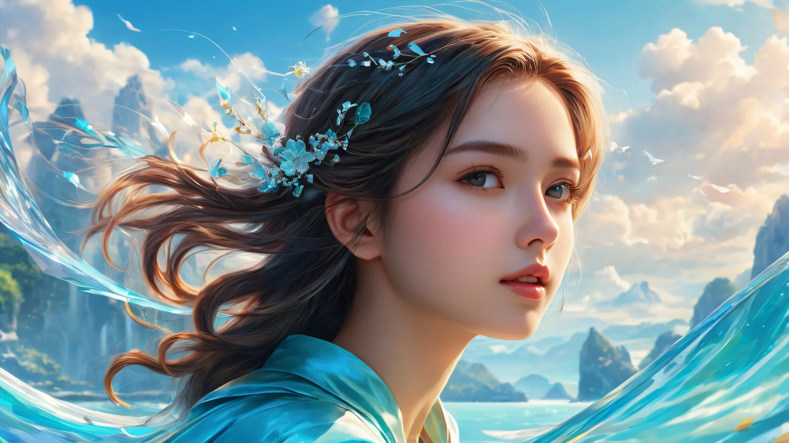 A stunning desktop background featuring a girl surrounded by a vast pure void, perfect for a Desktop/PC with extreme depth of field and breathtaking visual effects.