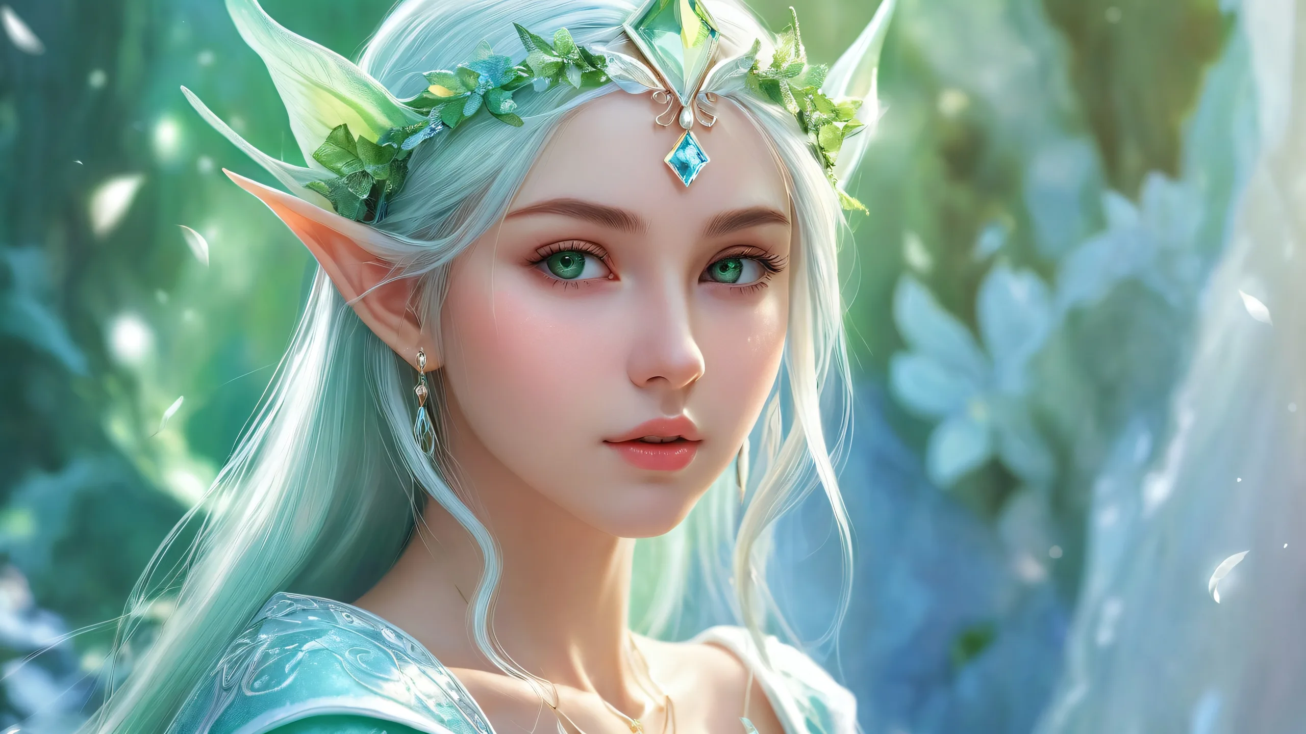 Elf Girl in a vast pure void with desktop/pc as the focal point