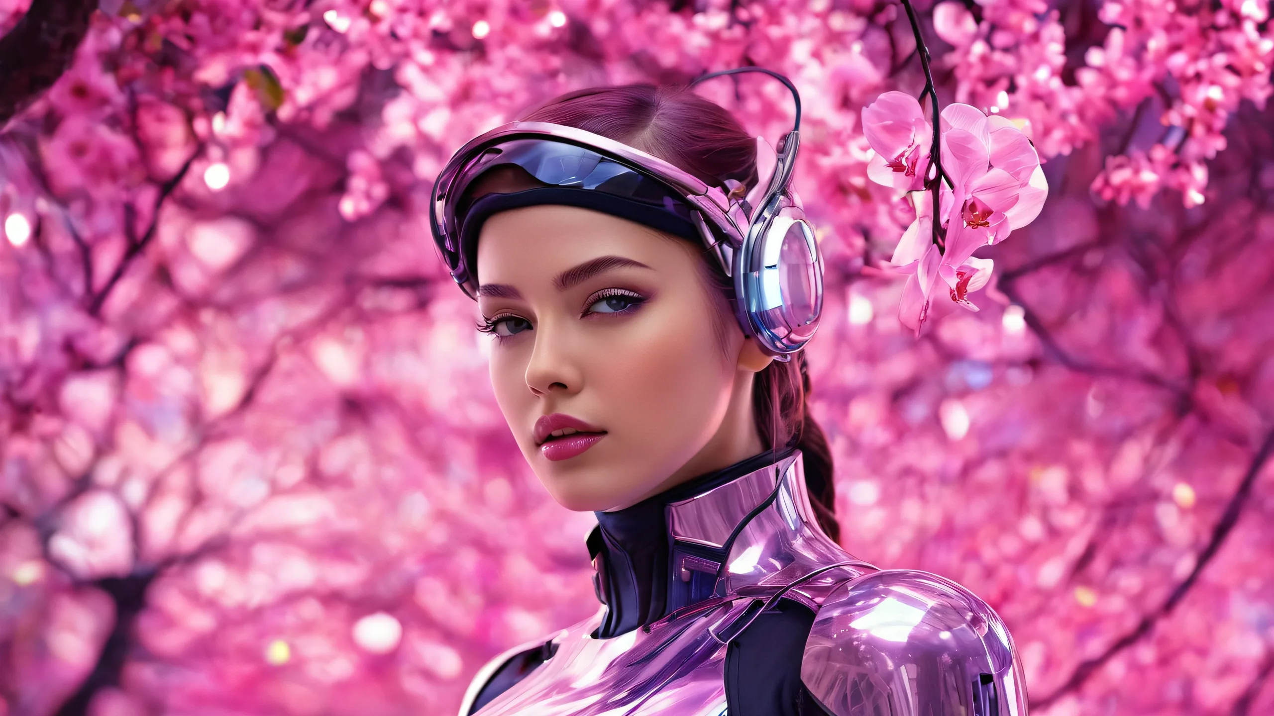 Desktop/PC wallpaper featuring a futuristic woman in a void with dark background and vibrant colors for visually impaired users.