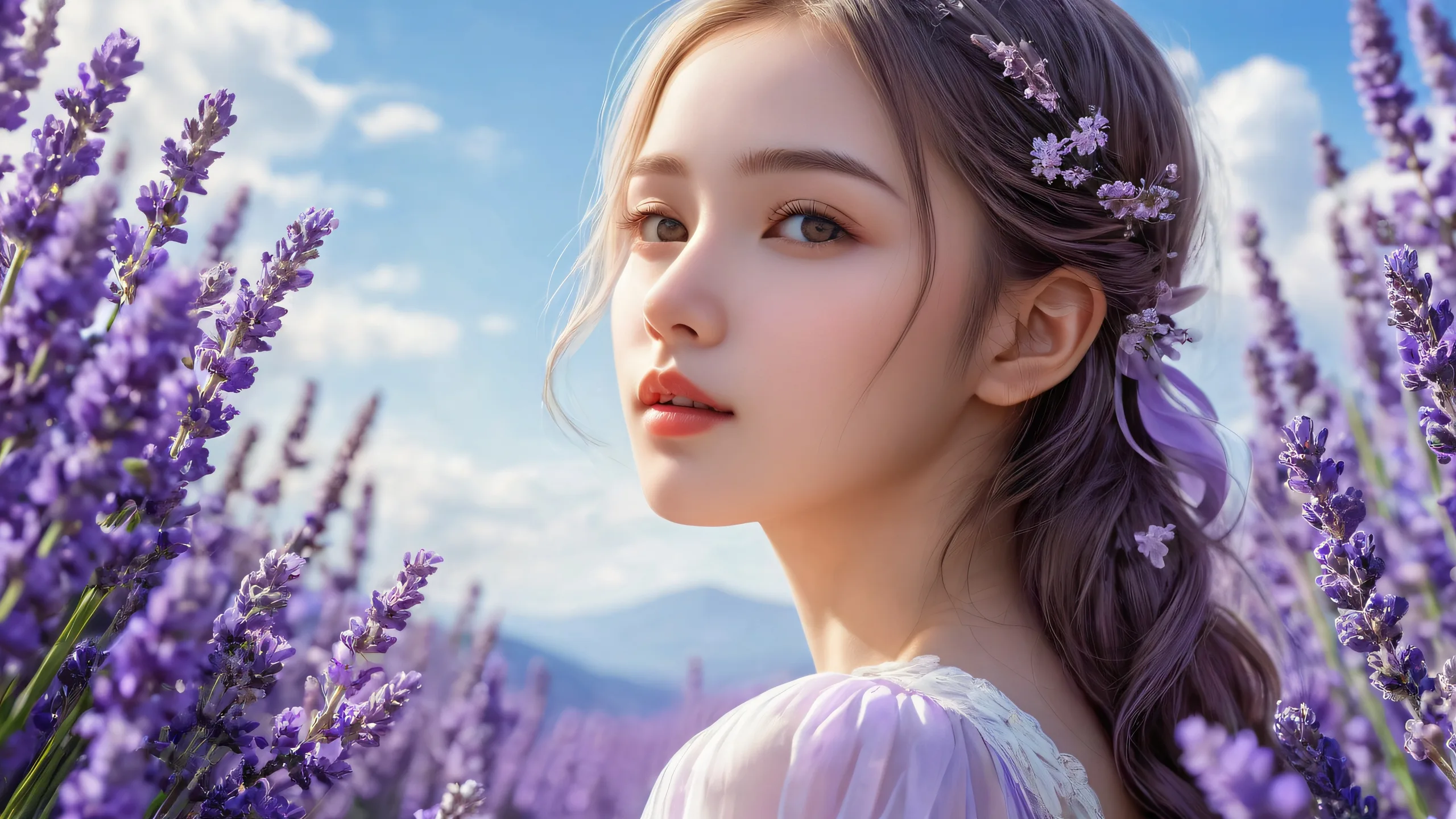 Un impresionante fondo de pantalla que muestra a una chica en un vacío puro con una iluminación etérea y colores radiantes. A breathtaking desktop wallpaper featuring a girl in a pure void with ethereal lighting and radiant colors. Suitable for PC or Desktop.