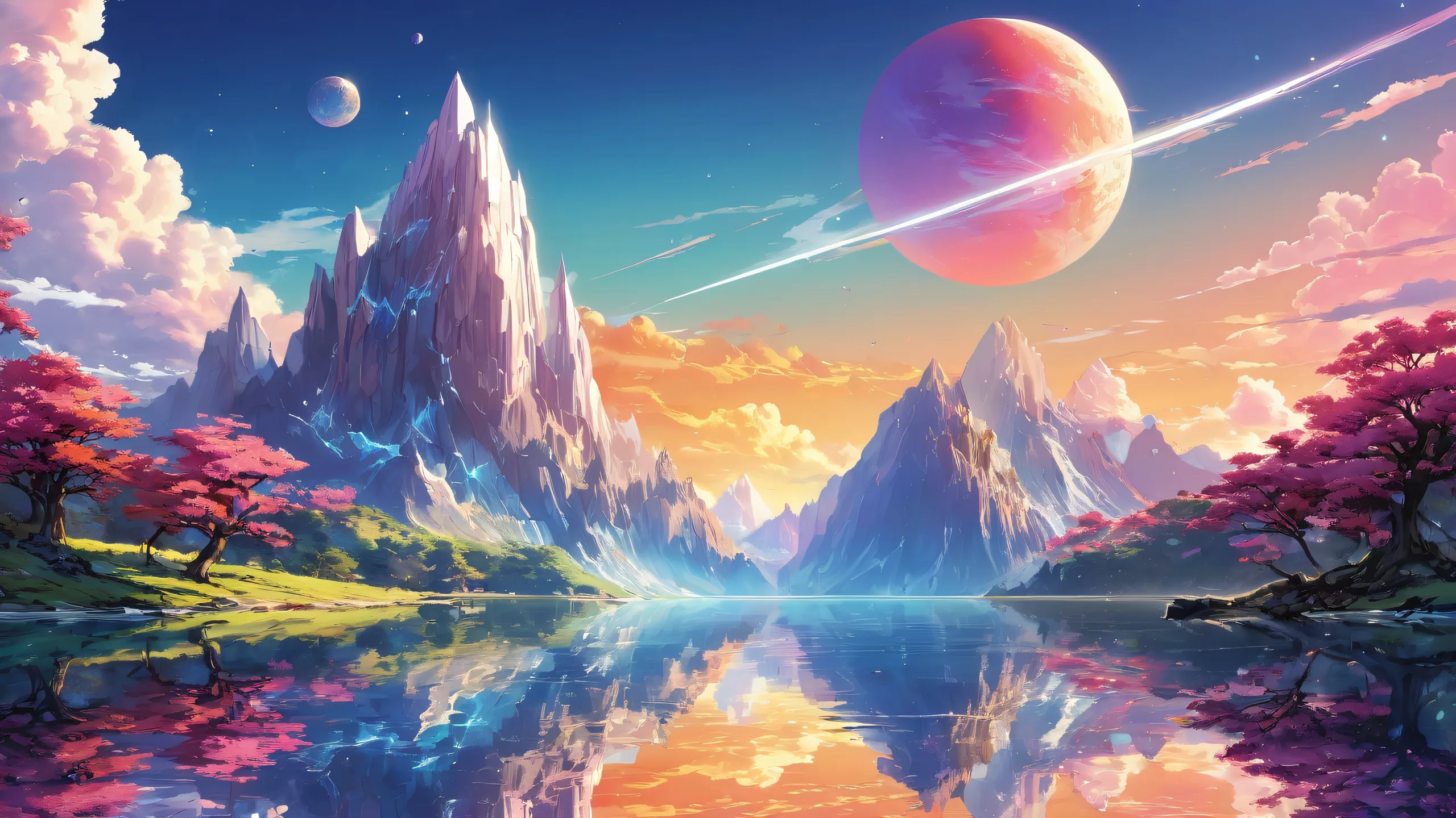 A stunning desktop wallpaper of an otherworldly void with radiant colors and ray-traced reflections suitable for a desktop/pc background.