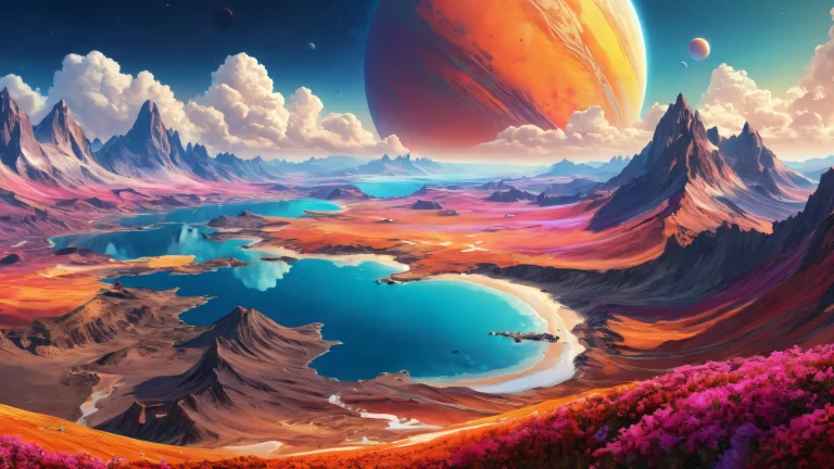 A breathtaking desktop wallpaper of Planet Lana II's surface, perfect for a PC or laptop, with extreme depth of field and ethereal lighting.