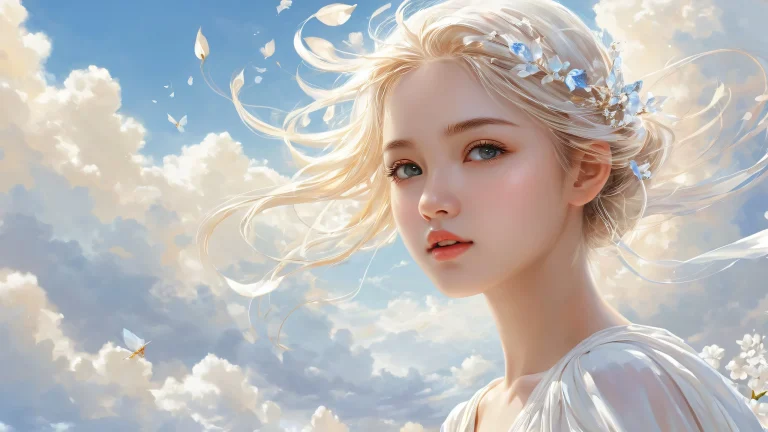 Girl sitting in a pristine void with bright and airy atmosphere, perfect for desktop/pc use.