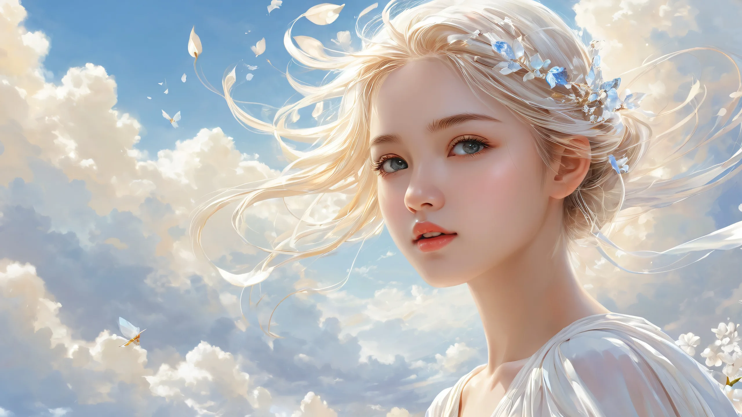 Girl sitting in a pristine void with bright and airy atmosphere, perfect for desktop/pc use.