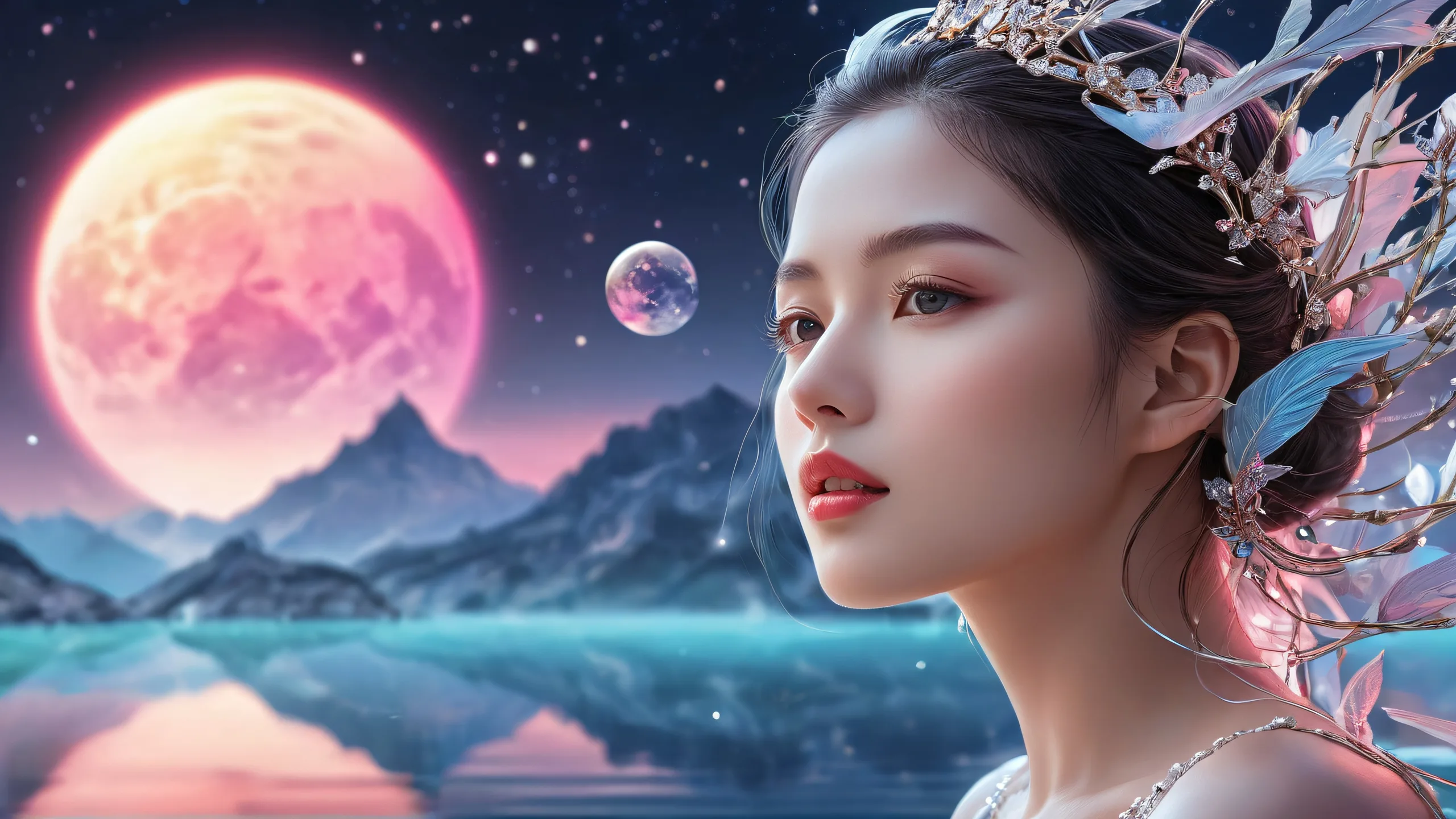 Woman amidst a pristine void with extreme depth of field, ideal for desktops/PCs