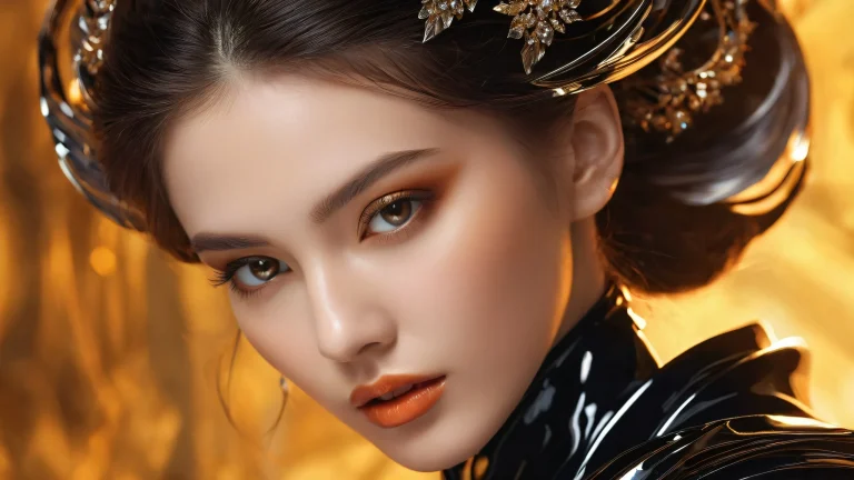 Portrait of a model in an obsidian black void with radiant colors and ray traced reflections suitable for desktop/pc.