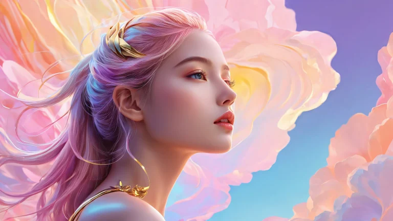 A serene and tranquil desktop scene featuring a woman surrounded by a vast, pure void with radiant colors and reflections, perfect for a PC or Desktop.