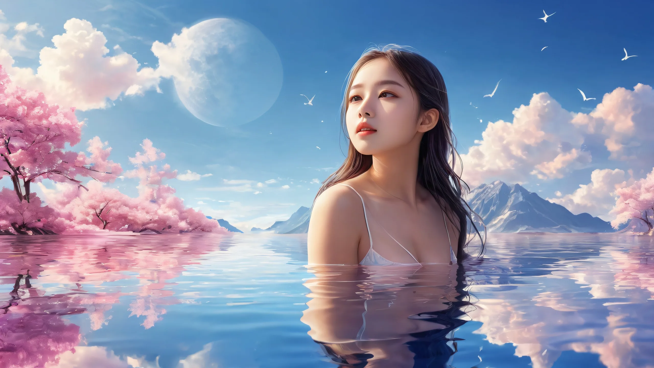 A stunning desktop image of a girl standing in a vast, pure void with brilliant colors and radiant lighting.