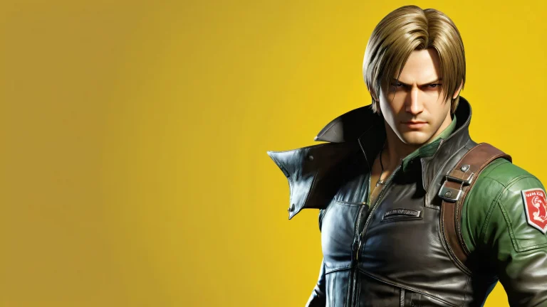 Leon Kennedy against a bright yellow background, perfect for desktop/pc wallpapers