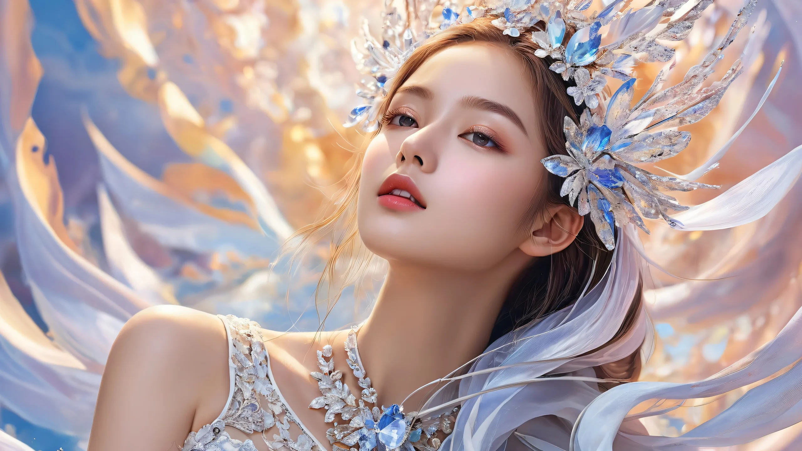 Stunning desktop scene featuring a woman amidst a vast, pure void with exquisite ethereal lighting and brilliant colors, ideal for Desktop/PC use.