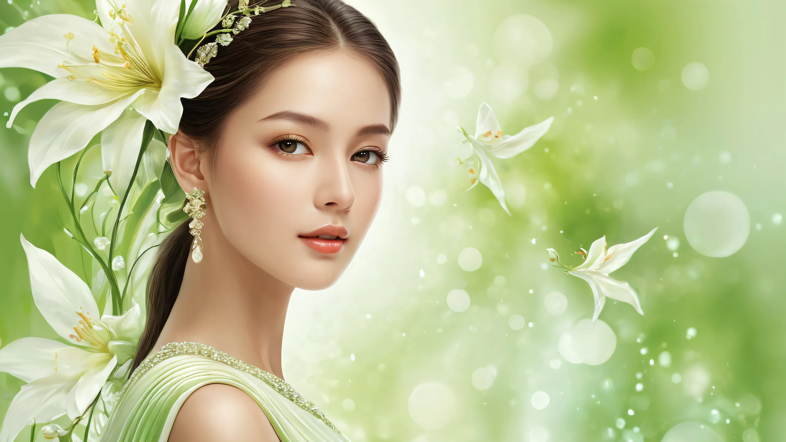 Beautifully rendered desktop image featuring an elegant woman in a vast, pure void with a perfect depth of field and ethereal lighting.