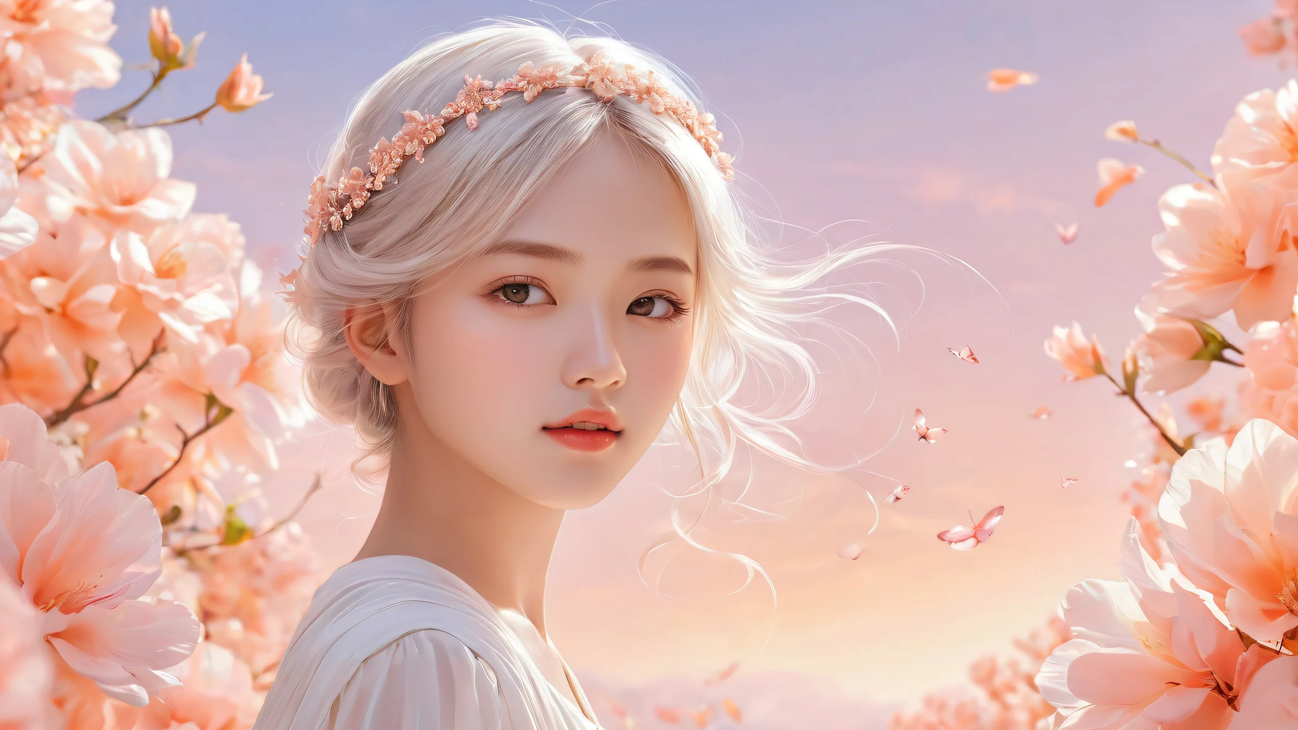 A serene and peaceful desktop scene featuring a girl amidst a vast pure void with ethereal lighting, perfect for your PC or Desktop.