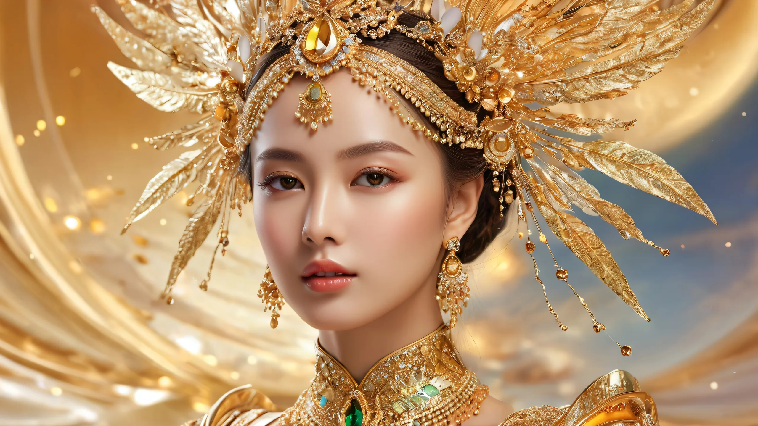 A prestigious woman set against a vast pure void with extreme depth of field on a desktop/pc, perfect for screen readers.