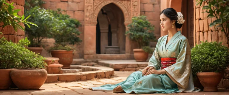 A serene and peaceful scene of women sitting with traditional clothing and accessories against a vast pure void backdrop, suitable for desktop/PC screens.
