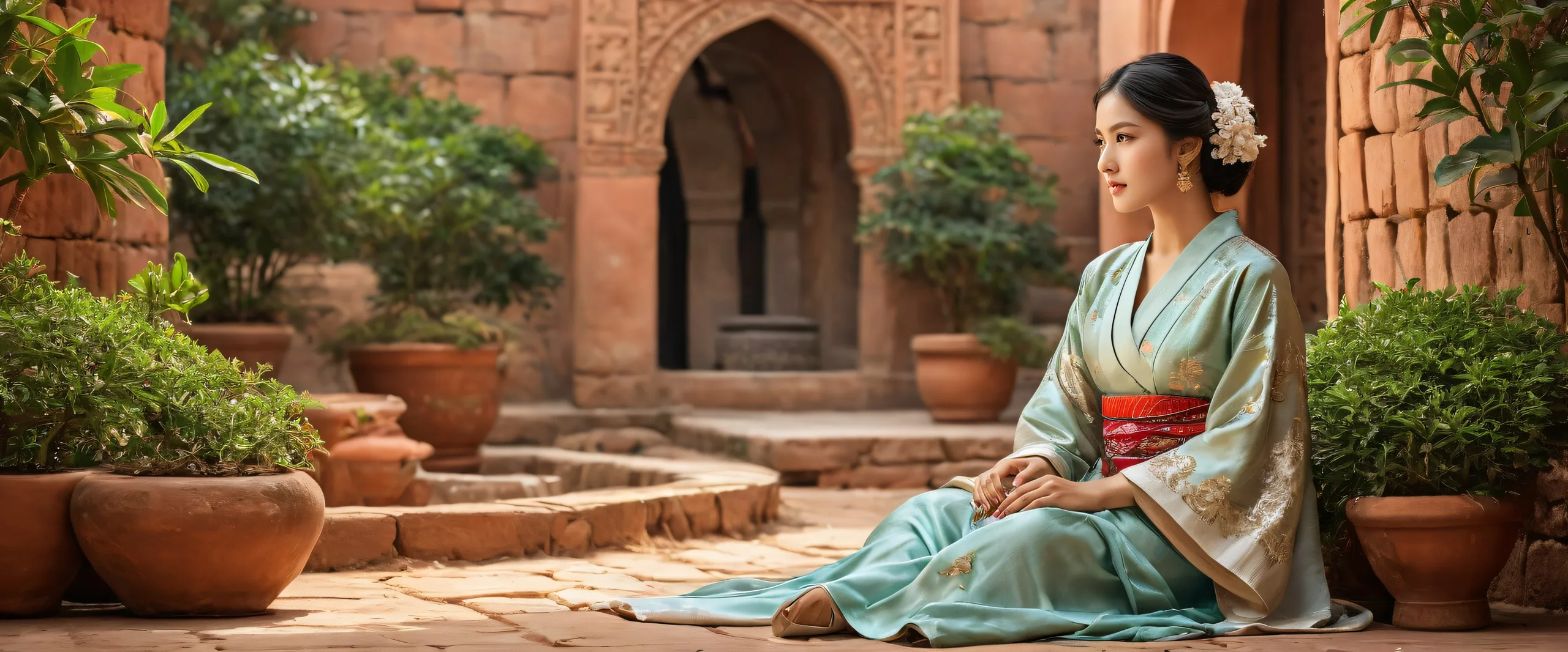 A serene and peaceful scene of women sitting with traditional clothing and accessories against a vast pure void backdrop, suitable for desktop/PC screens.