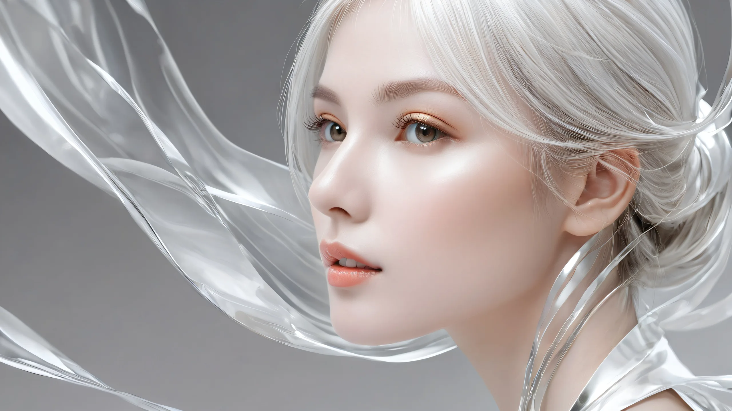 A serene and peaceful desktop background featuring a mature female in a vast, pure void with ethereal lighting and stunning visual impact.