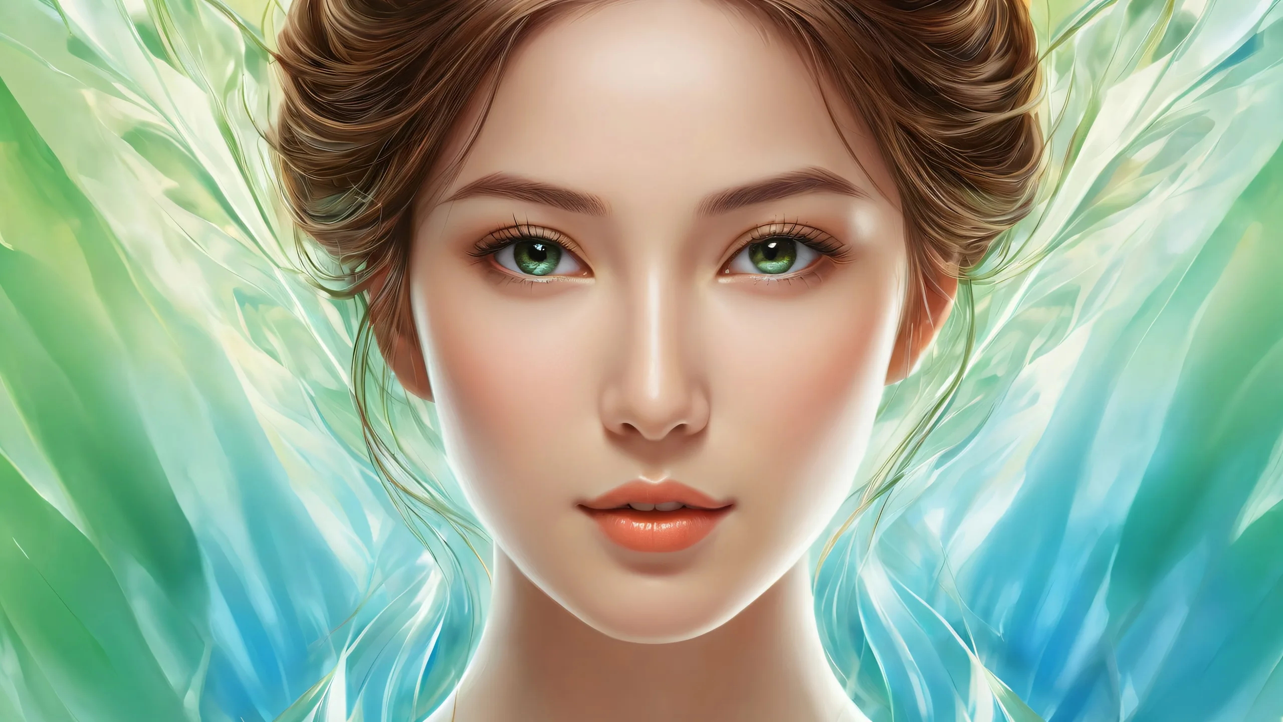 A woman amidst a vast, pure void, with desktop/pc as the canvas.