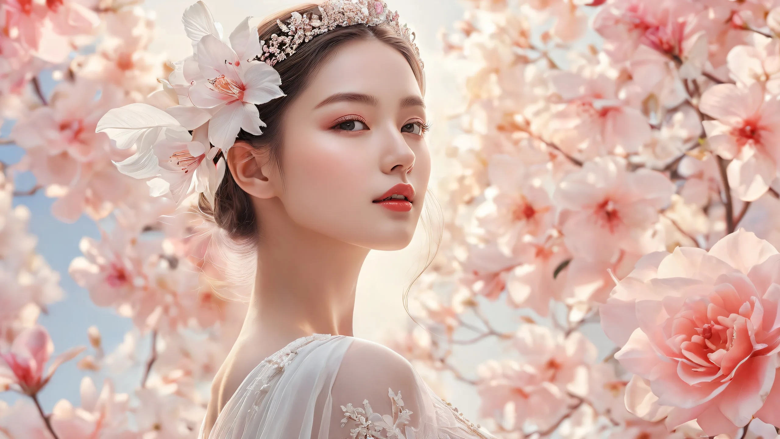 Ethereal Oasis of Serenity Aesthetic PC Wallpaper Breathtaking digital art of women in a pure void with radiant lighting for desktop/pc use.