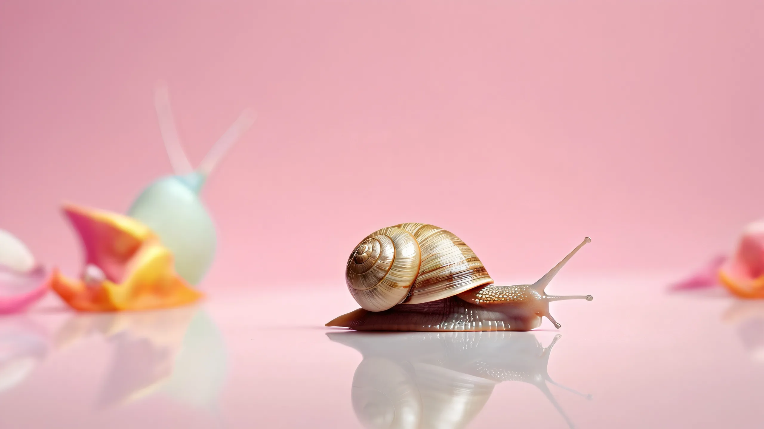 A serene desktop scene featuring a snail in an infinite void with radiant lighting and textured surfaces, perfect for PC or Desktop