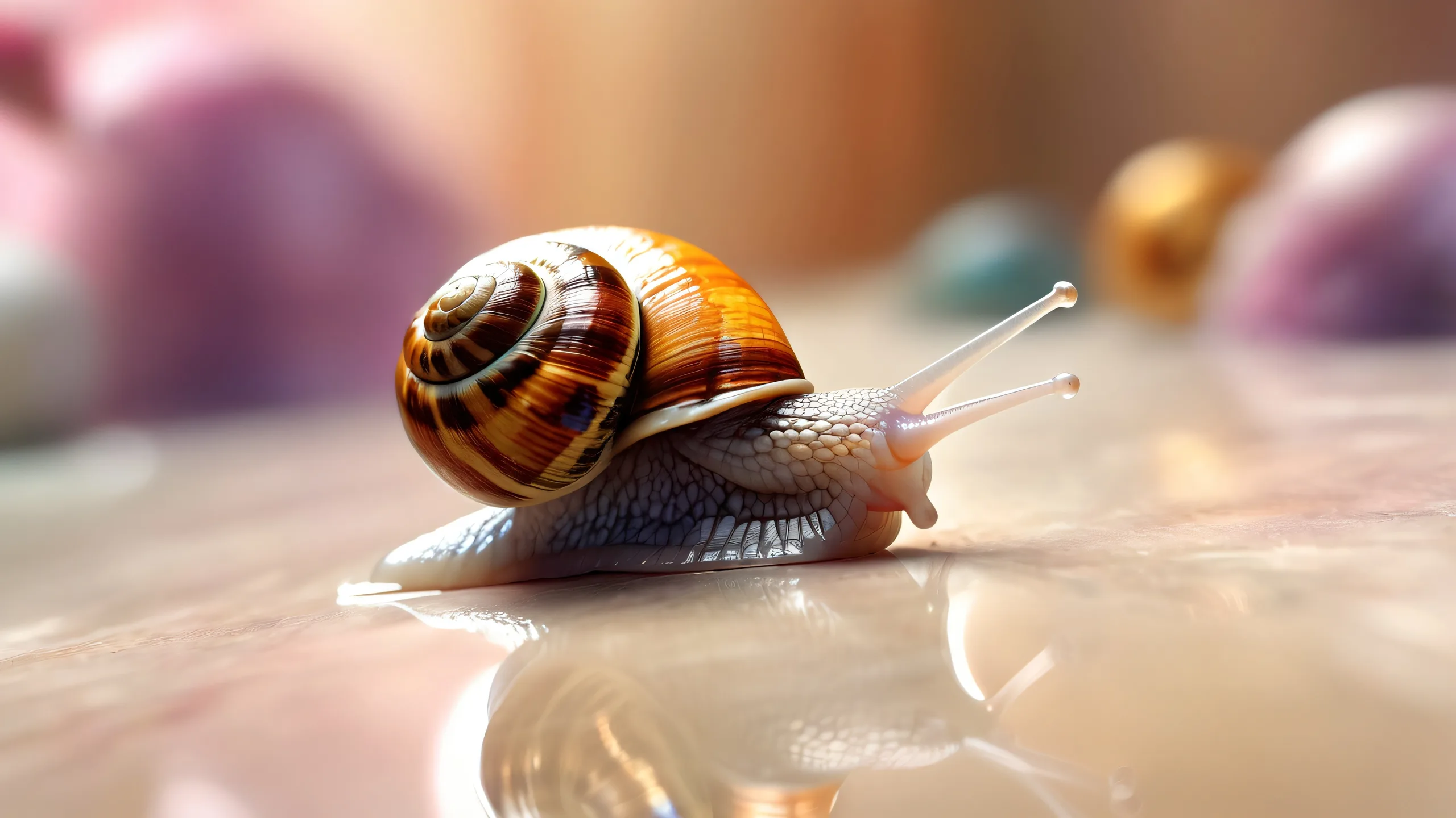 A serene and peaceful snail surrounded by a vast, pure void with ETHEREAL LIGHTING on a Desktop/PC