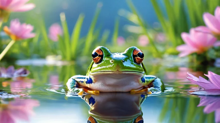 A whimsical desktop scene featuring a frog amidst a vast, pure void with radiant lighting and stunning visuals.