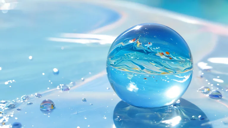 Desktop/PC wallpaper featuring an underwater scene with glass marble and ethereal lighting.