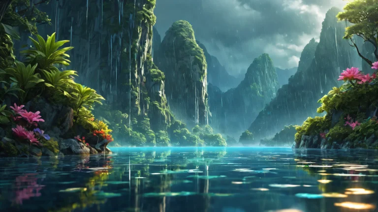 A serene desktop background featuring a heroine in a vast pure void with atmospheric rain and misty veil, Perfekt für den PC- oder Desktop-Einsatz.