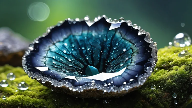 A stunning desktop wallpaper featuring a cracked obsidian geode on a pure void background with wet moss and water surface tension, perfect for a desktop/pc.