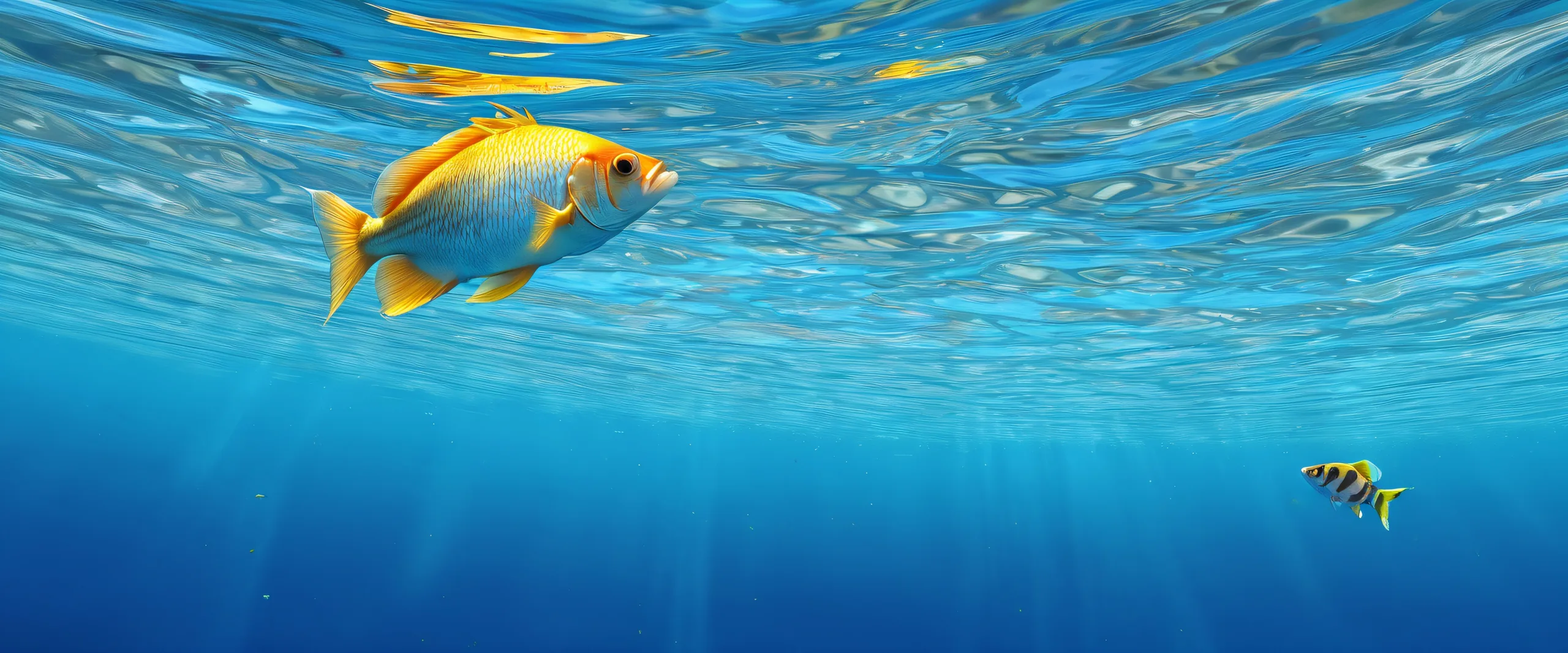 A serene desktop scene of fish swimming in a vast, pure void with radiant lighting and pristine clarity on a Desktop/PC.