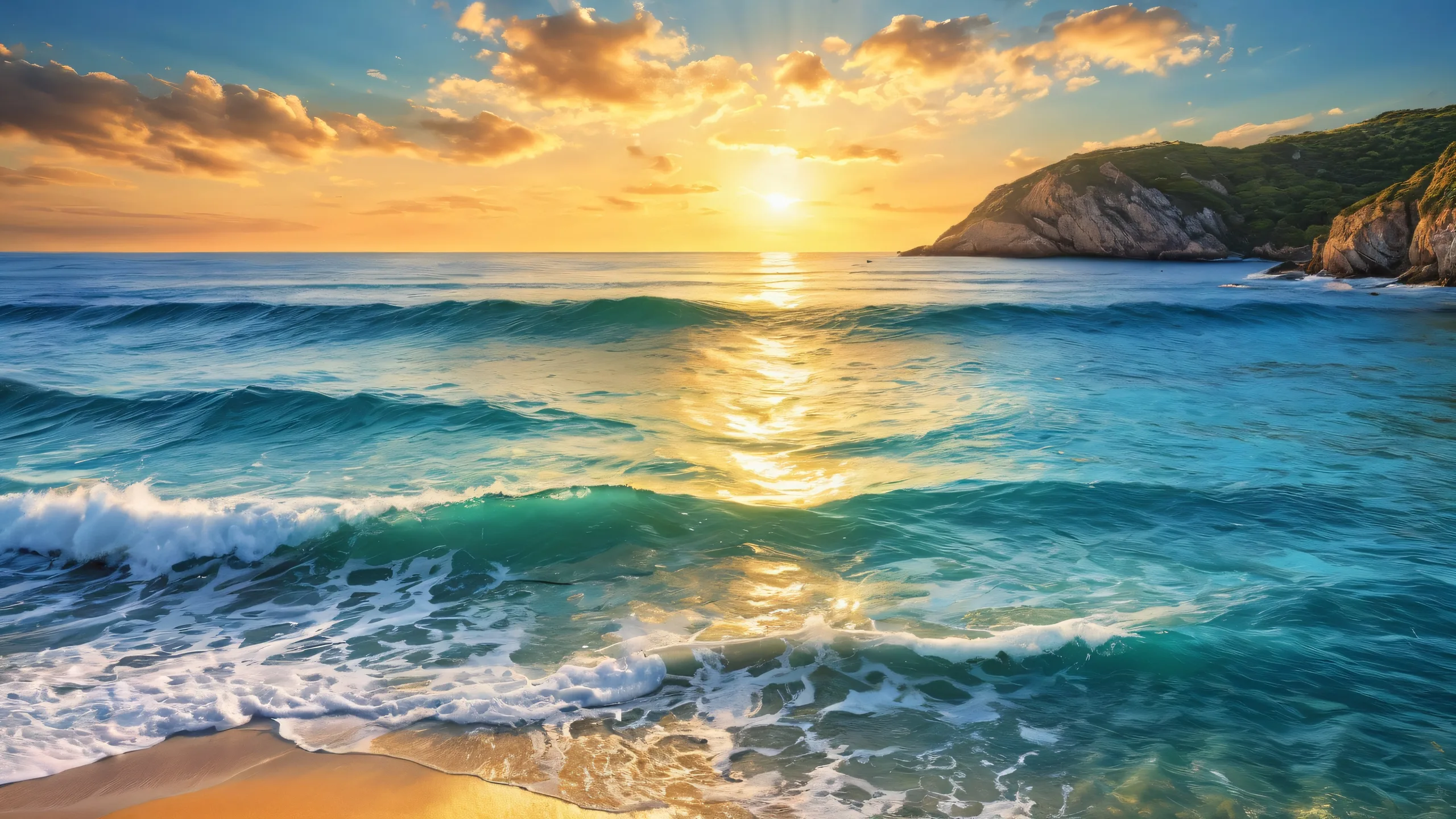 A serene coastal landscape on a desktop or PC, with radiant colors and reflections.
