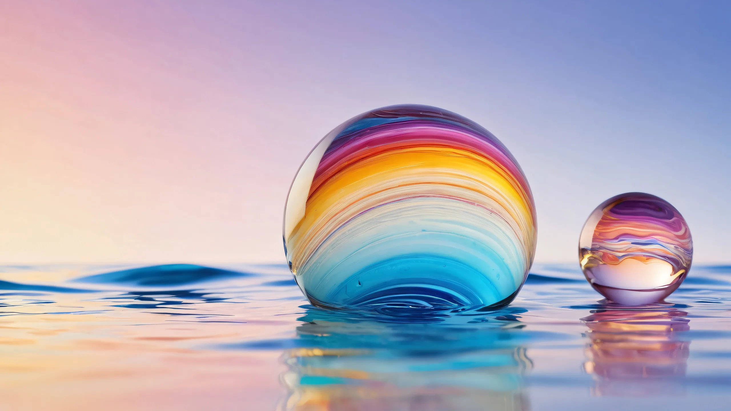 Breathtaking glass marble desktop scene with deep water and radiant rainbow reflections on a clean background for PC or Desktop use.