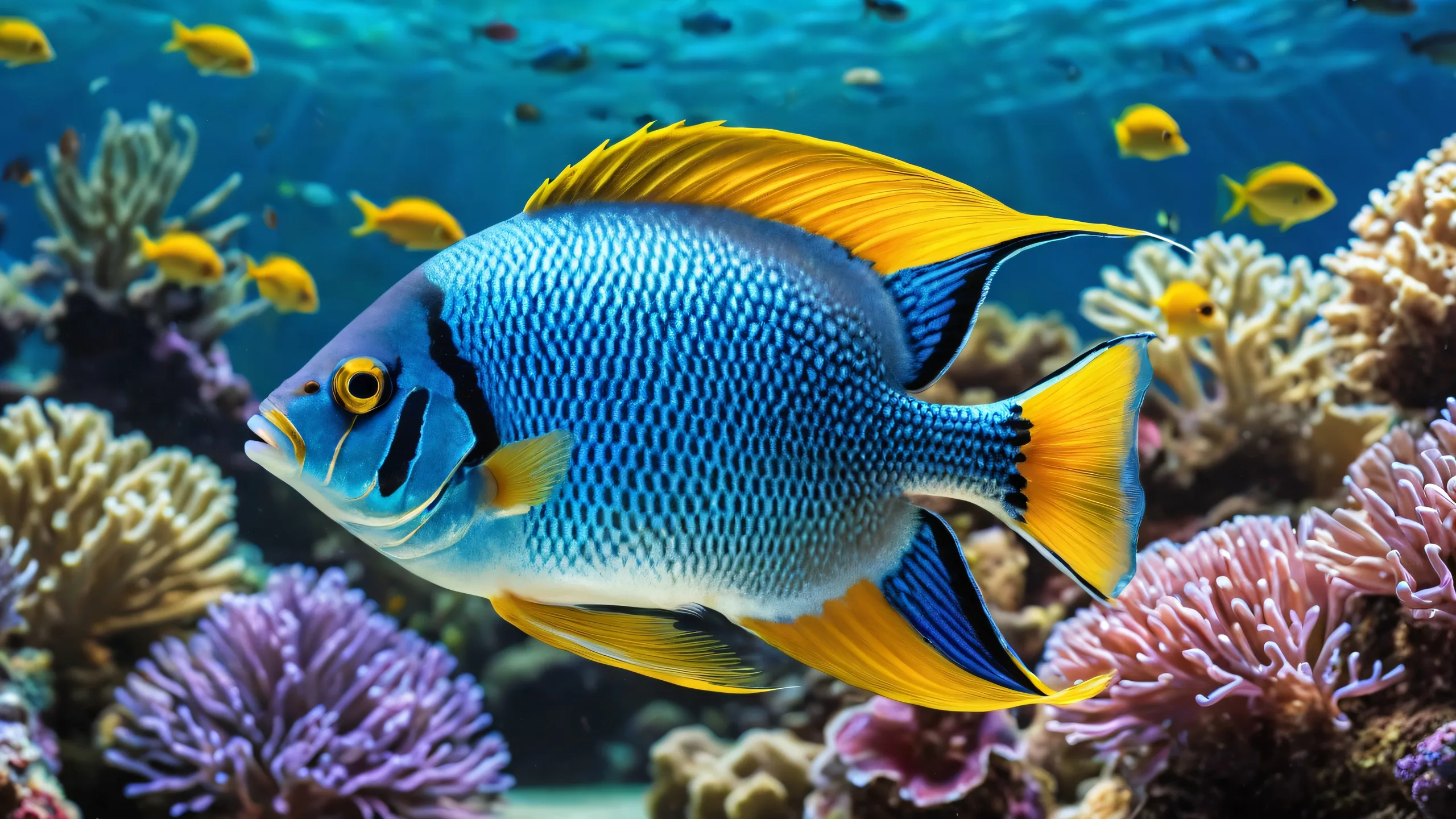 A serene desktop background featuring a centered fish in a vast pure void with extreme depth of field, perfect for your Desktop/PC.