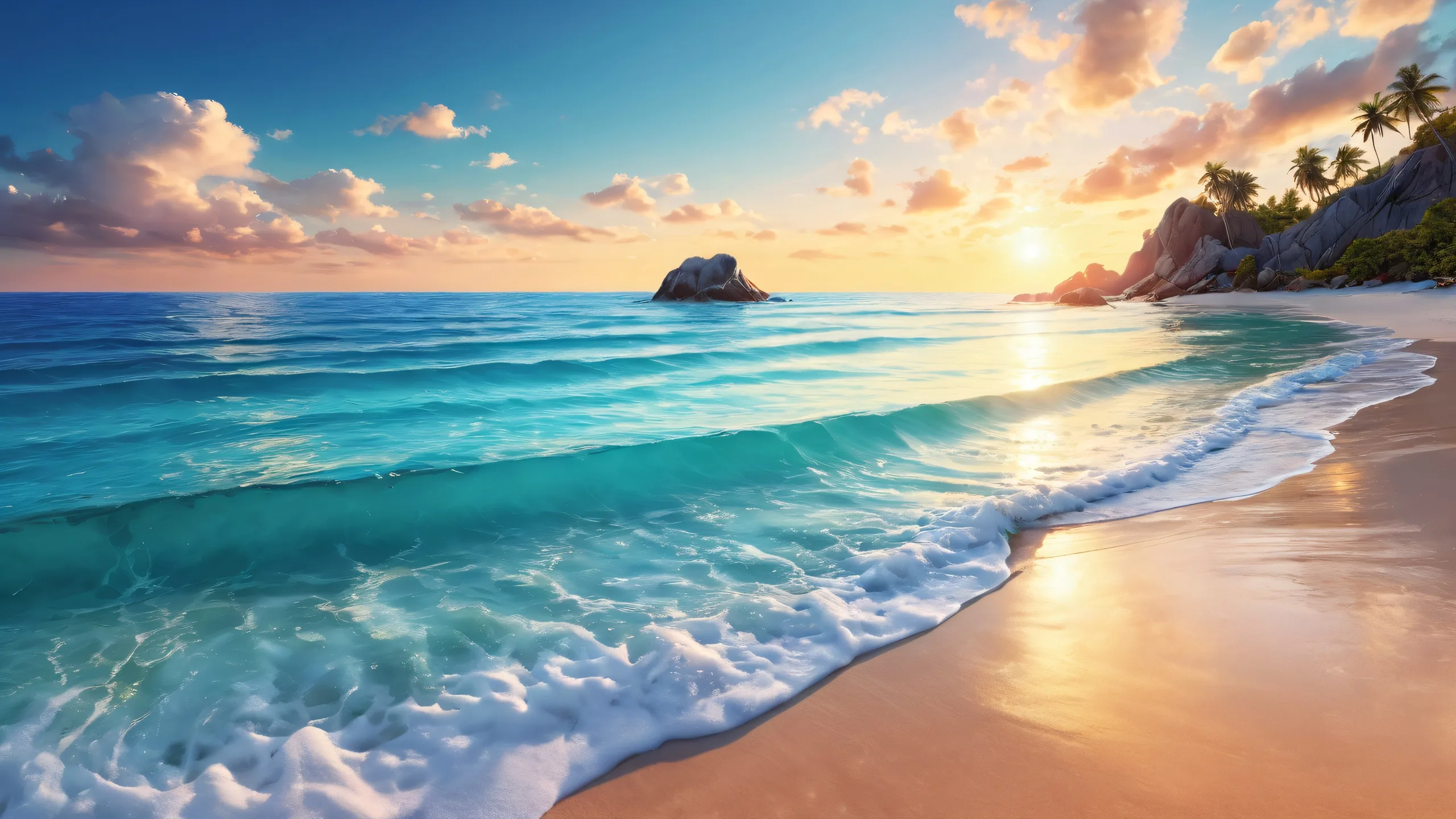 Breathtaking beach desktop wallpaper for PC and Desktop with ethereal lighting, radiant colors, and ray-traced reflections.