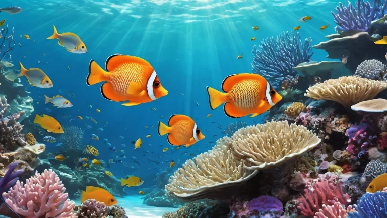 Breathtaking desktop image of fishes in a vast pure void with radiant colors and ray traced reflections, suitable for Desktop/PC.