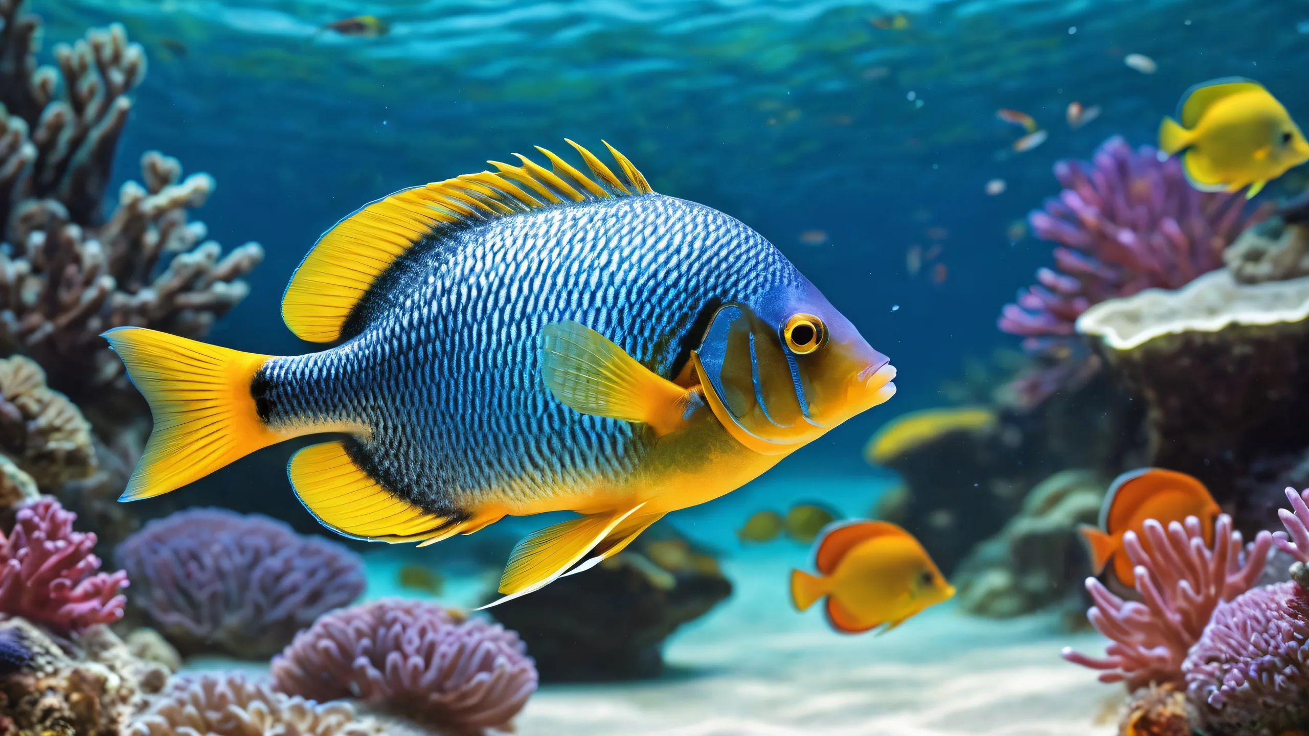 A serene desktop scene featuring a school of fish swimming in a vast pure void, suitable for your Desktop/PC