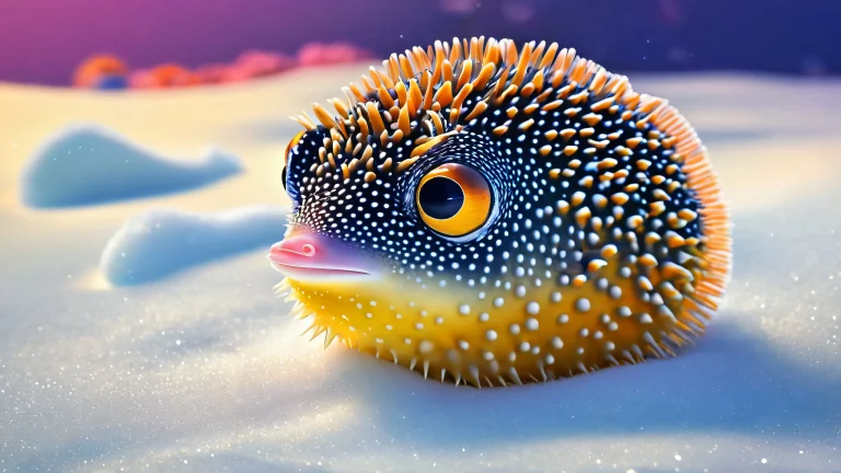 A stunning desktop wallpaper of a penguin-tabby pufferfish in a vast pure void, perfect for your PC or Desktop. The image features extreme depth of field and ethereal lighting.