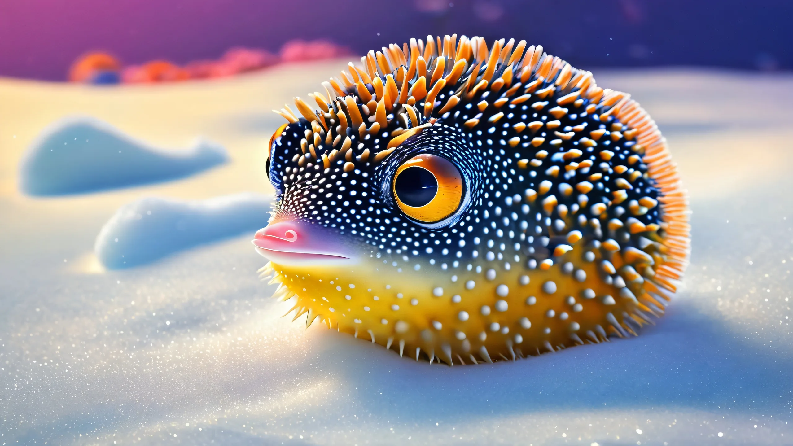 Ethereal Oceanic Odyssey Aesthetic PC WallpaperPerfekt für Ihren PC oder Desktop A stunning desktop wallpaper of a penguin-tabby pufferfish in a vast pure void, perfect for your PC or Desktop. The image features extreme depth of field and ethereal lighting.