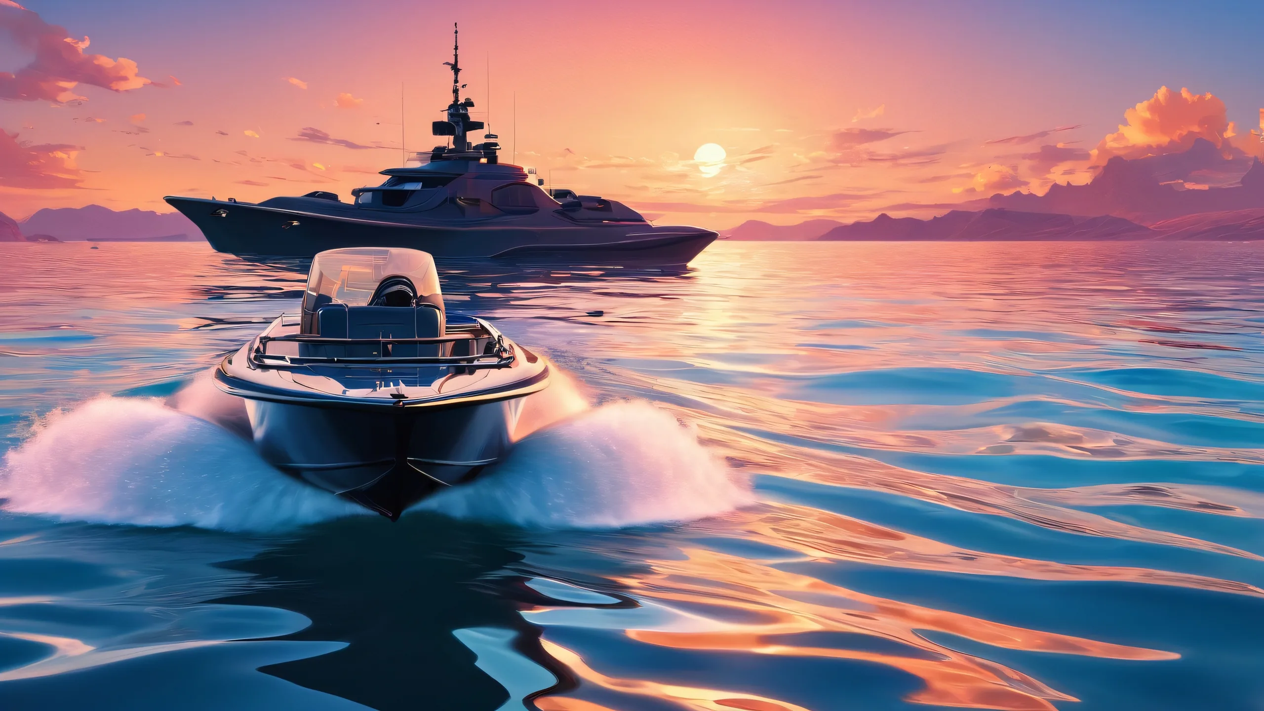 A serene and breathtaking desktop scene of watercraft set against a perfectly clean vast pure void with extreme depth of field and subtle gradient sunsets, ideal for desktop/pc use.