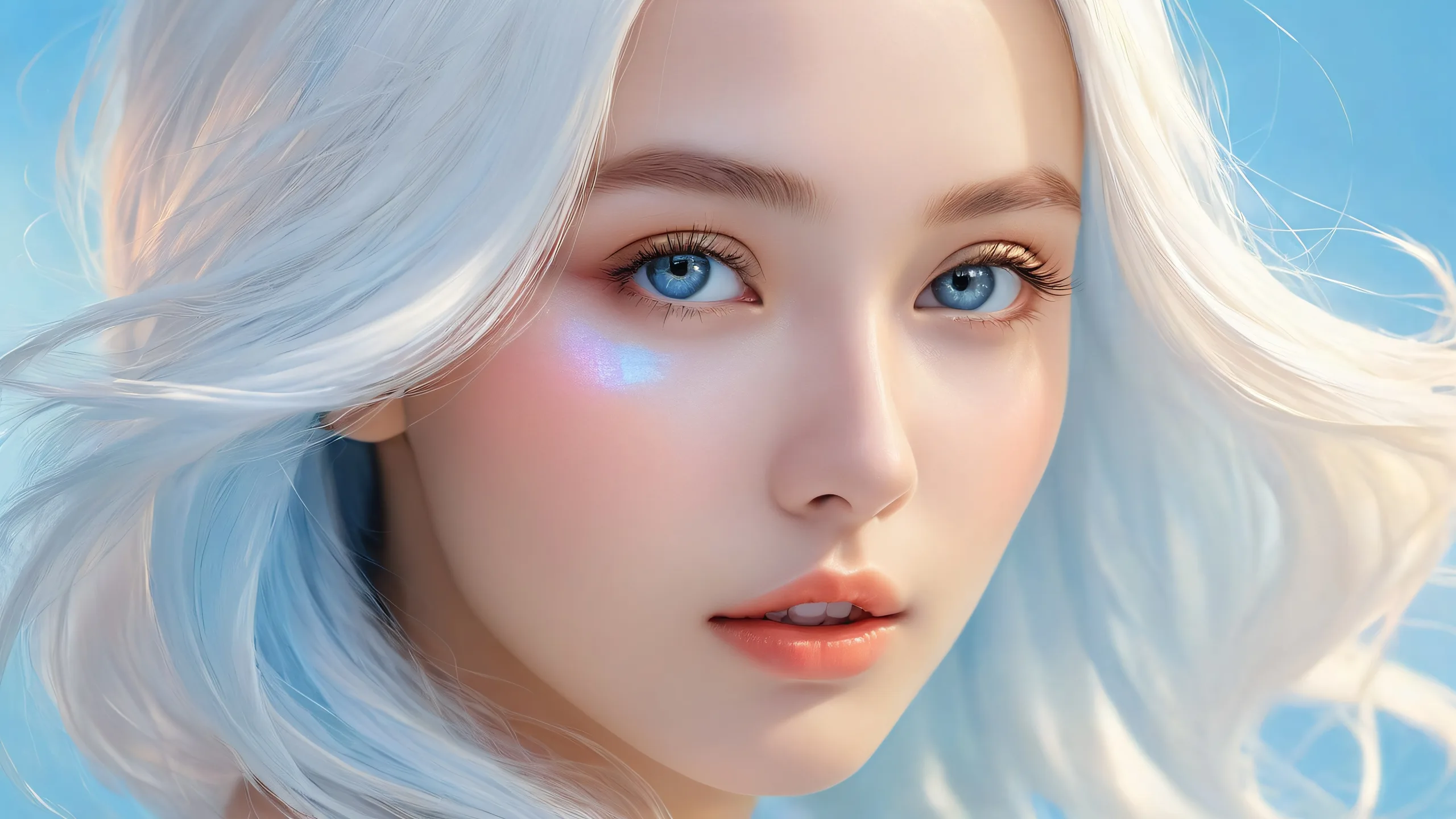 Breathtaking desktop wallpaper of a beautiful face set against a vast, pure void with extreme depth of field and radiant lighting for use on desktop/PC.