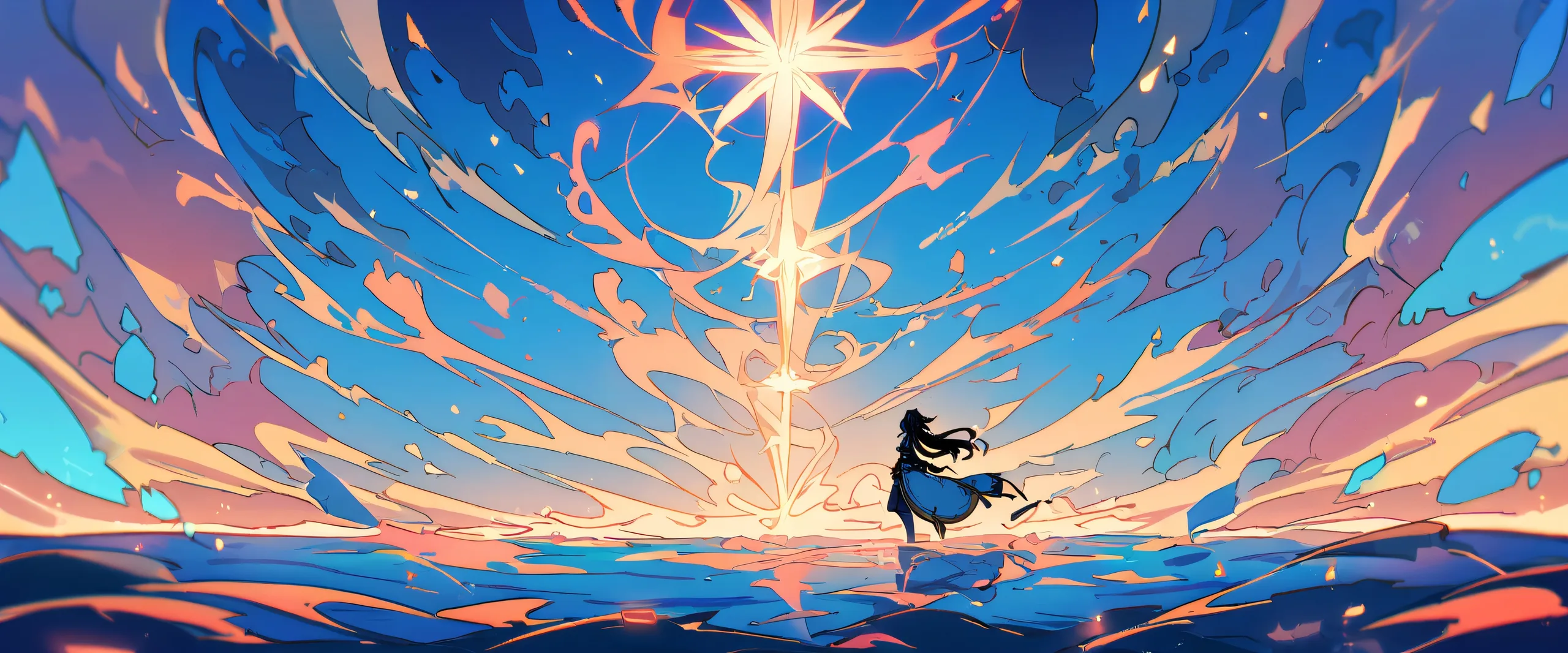 A young girl stands in a vast, pure void, looking directly at the viewer from her 21:9 ultrawide panoramic desktop background, perfect for anime fans.