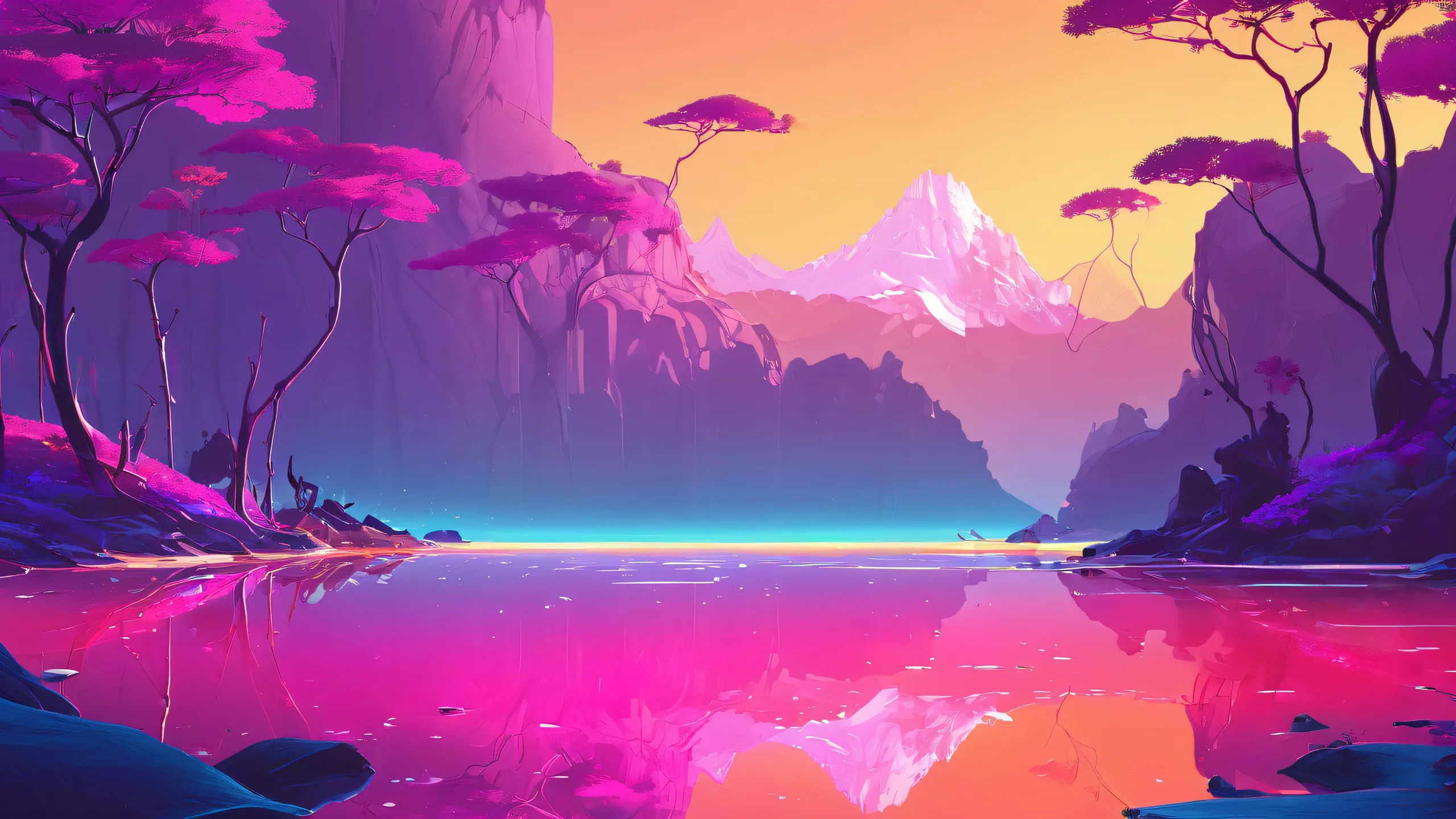 Breathtaking fantasy desktop scene of a pure void with radiant colors and ray traced reflections for your Desktop/PC