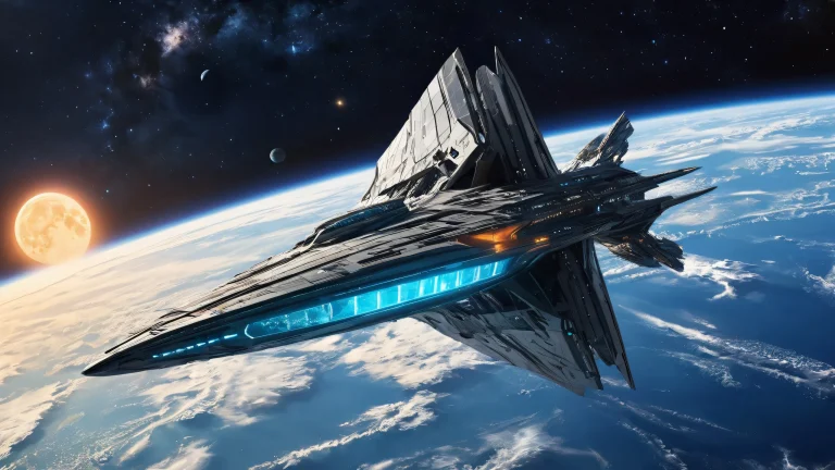 A spaceship in a vast, moonlit void on Desktop/PC