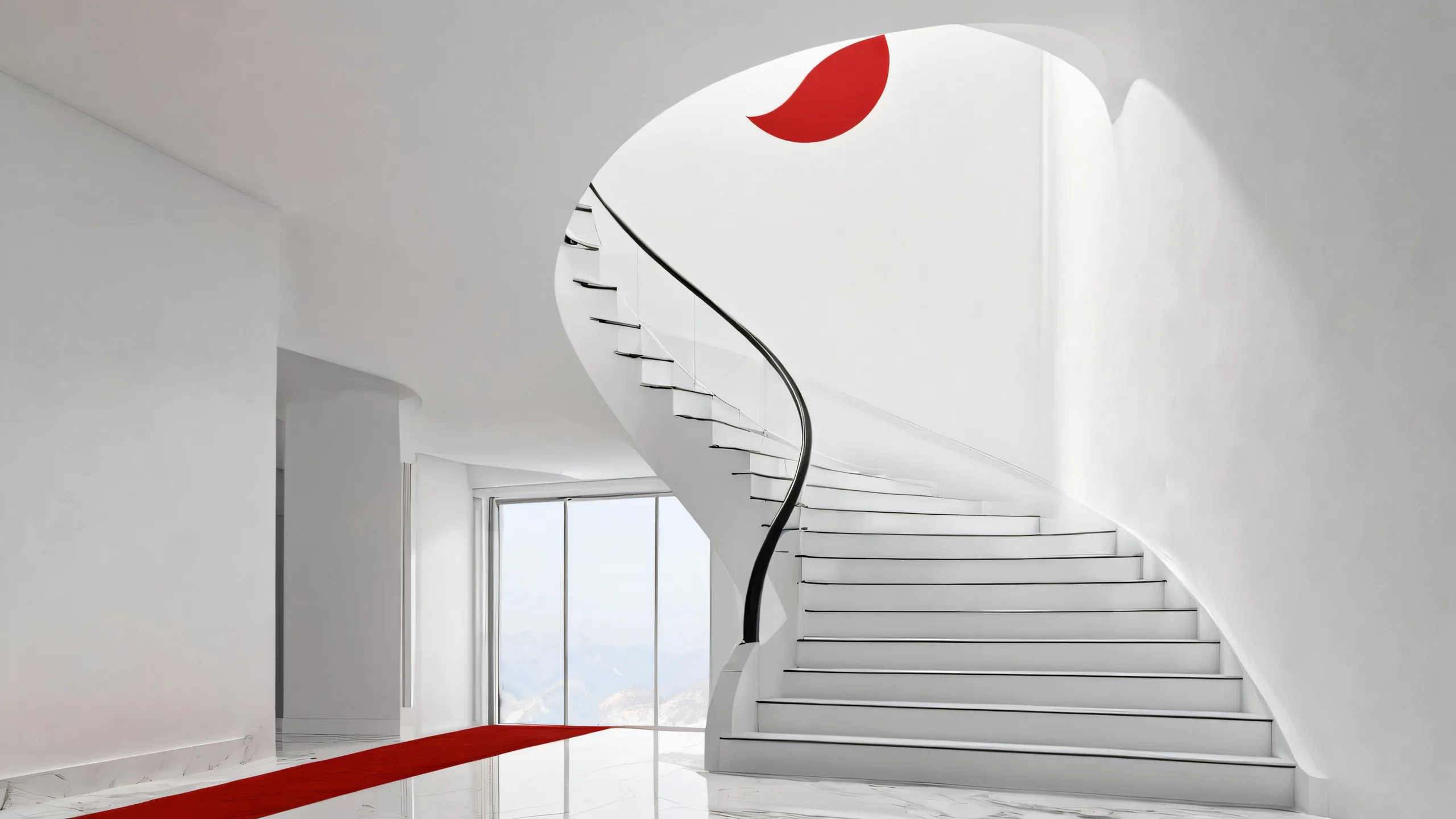 Narrow staircase against a vast pure void, perfect for desktop/pc backgrounds with radiant colors and detailed reflections.