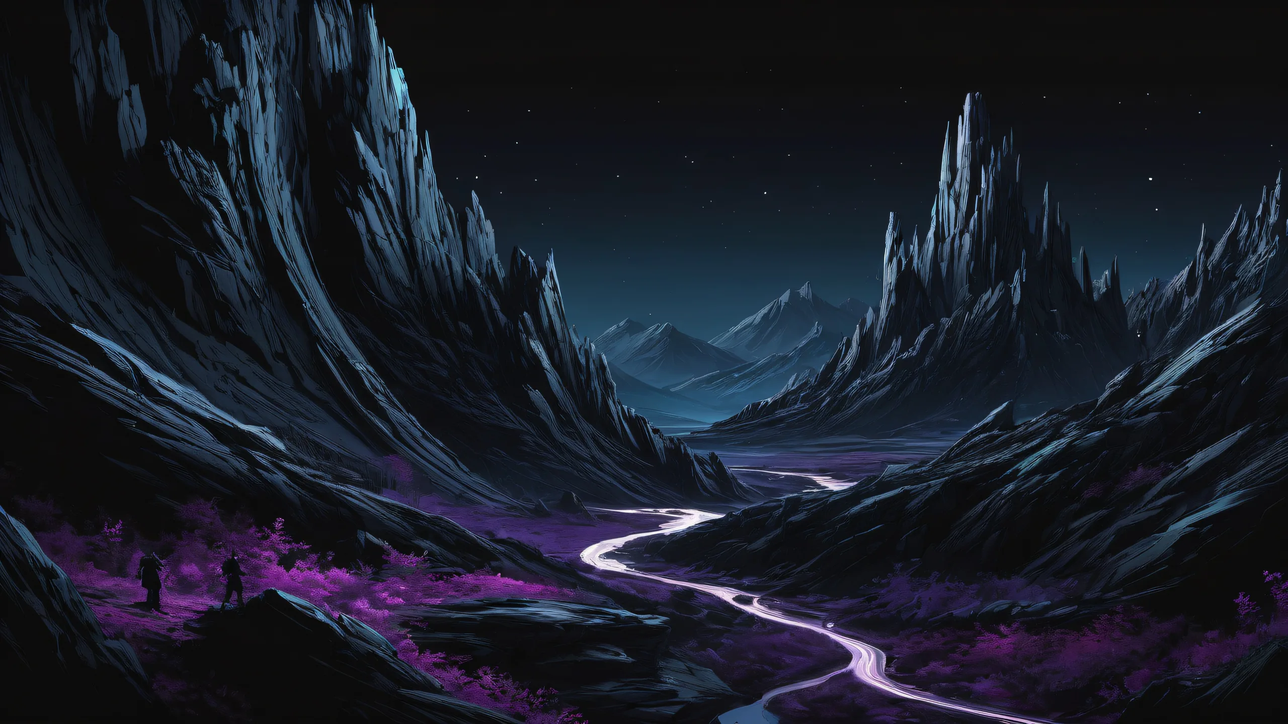 A stunning desktop wallpaper featuring video game characters set against a deep pure void with subtle starlight and sleek dark mode aesthetic for Desktop/PC users.