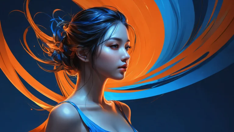 A stunning desktop image of a female figure set against a vast pure void with dark grey and blue-hued streaks, suitable for desktop/pc use.