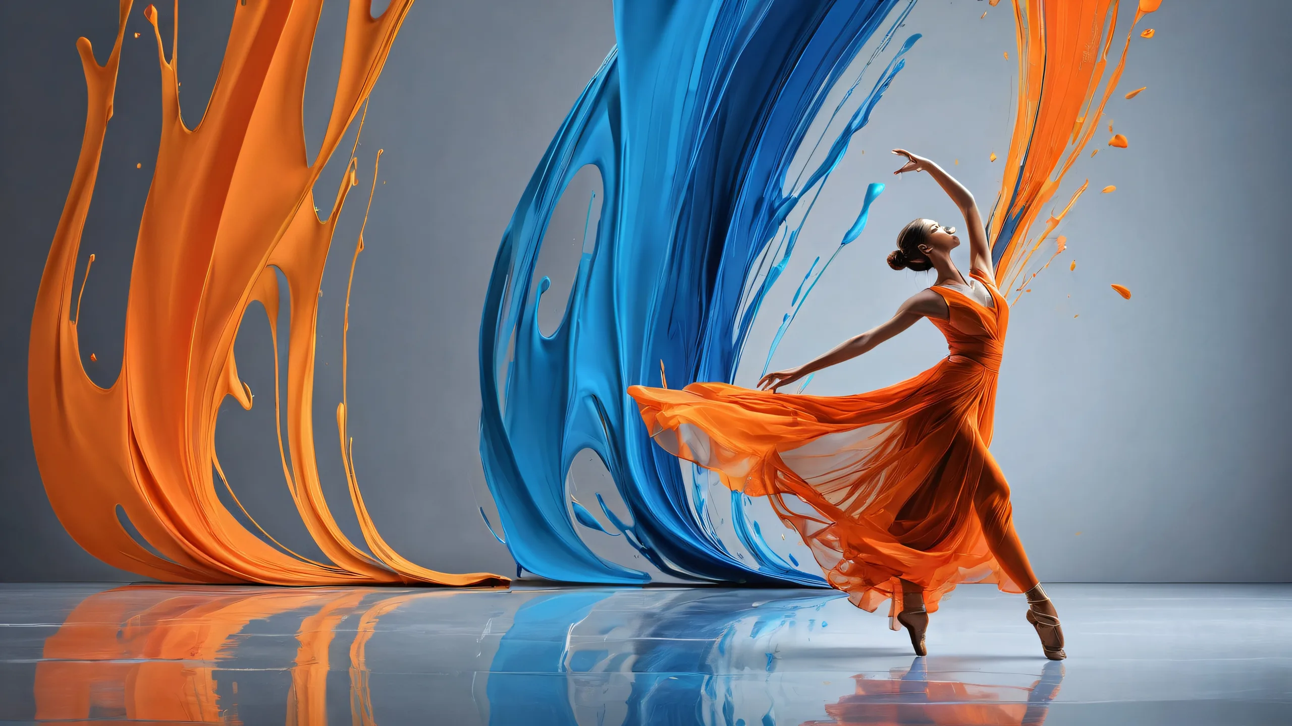 Stunning dancer desktop image on a pure void background with dark grey and blue paint streaks, suitable for PC or Desktop use.