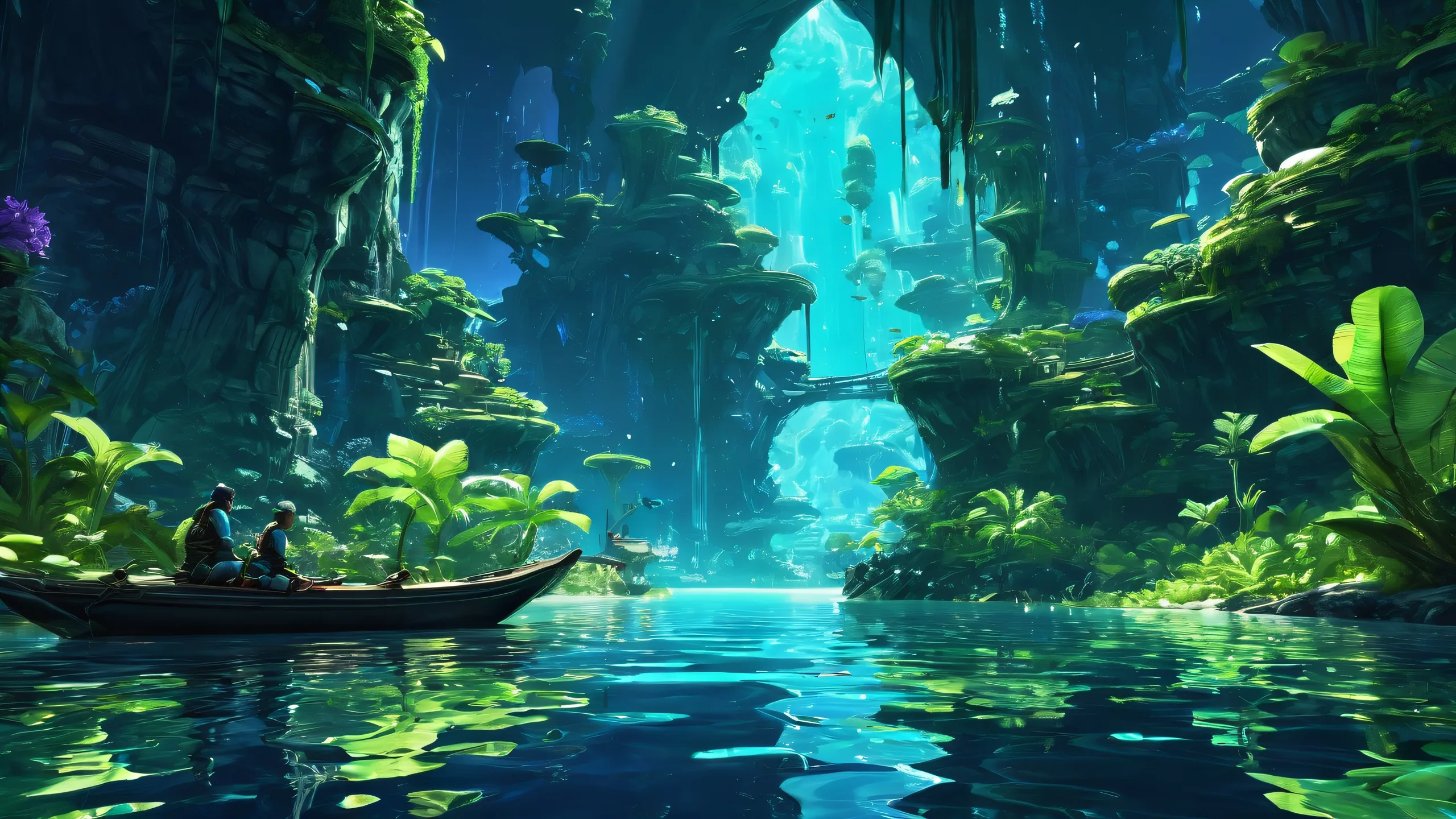 A serene desktop scene featuring video game characters set against a vast, pure void with water and ethereal lighting for your PC or Desktop