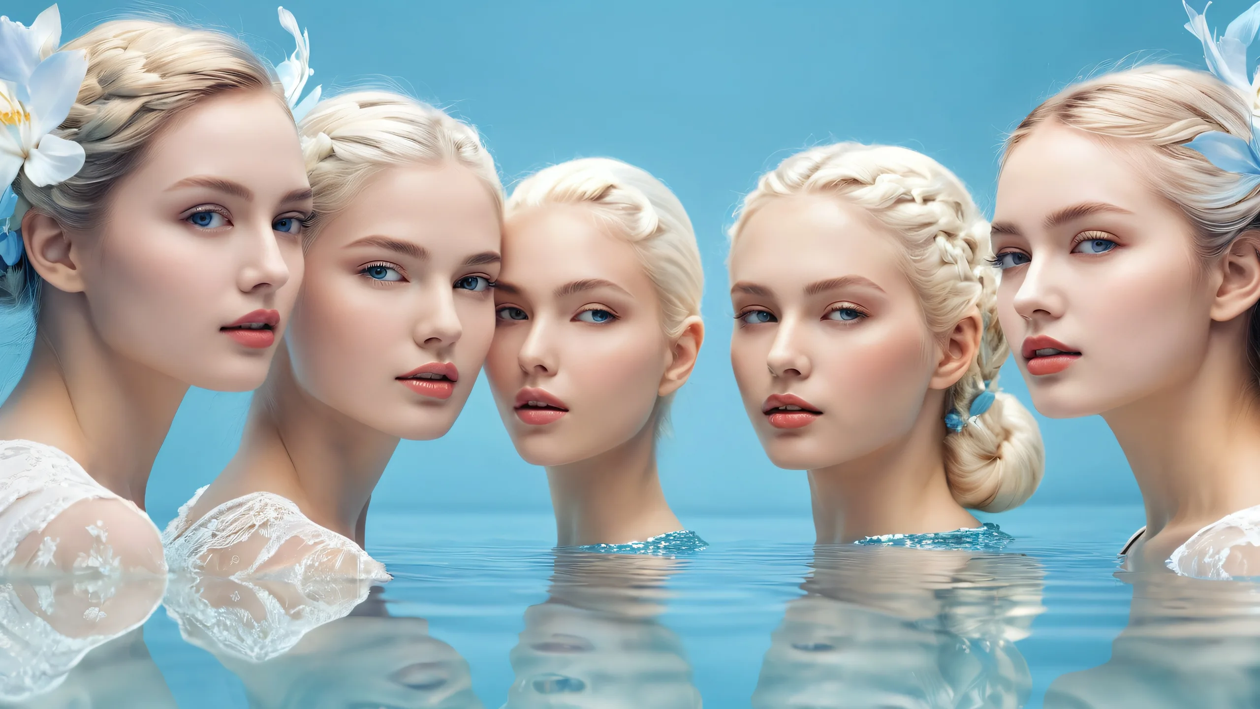 A stunning Group of Women in a vast pure void with extreme depth of field and reflection on a Desktop/PC.