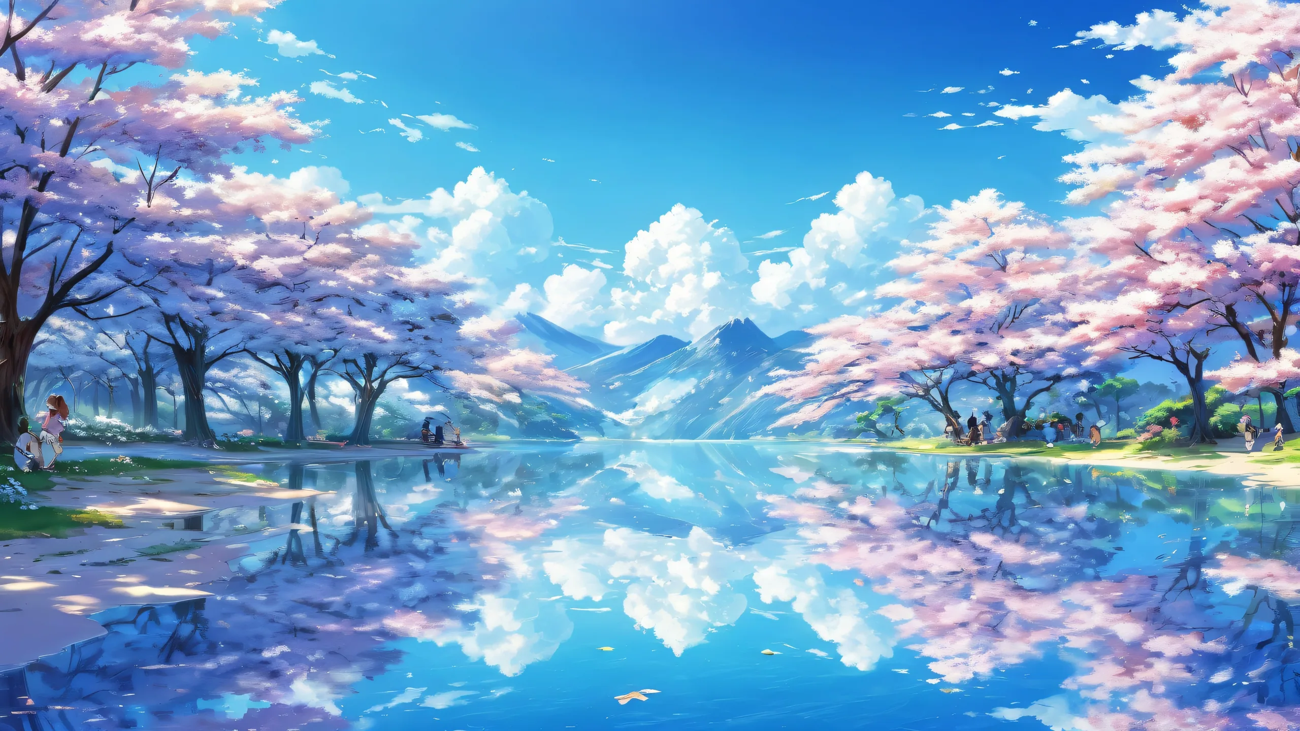 Centered anime characters against a vast, pure void on a desktop/PC background, featuring ethereal lighting and radiant colors.