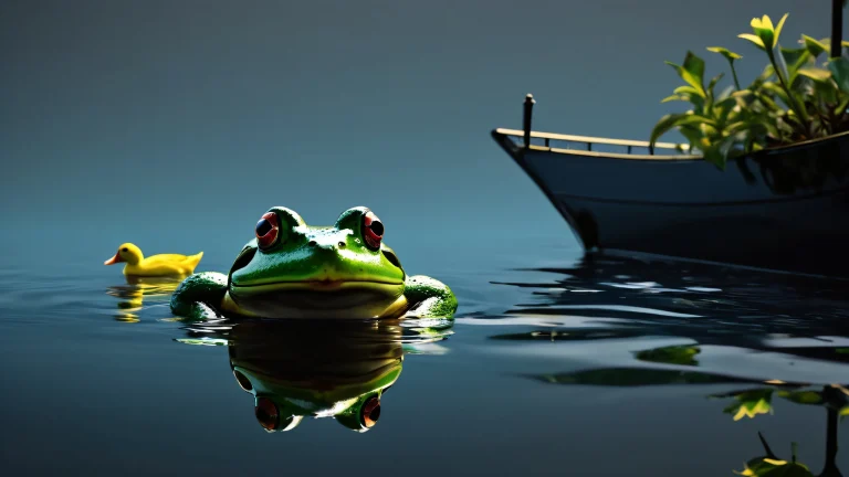 Frogs and ducks at ship tip in a vast pure void, ideal for desktop/pc
